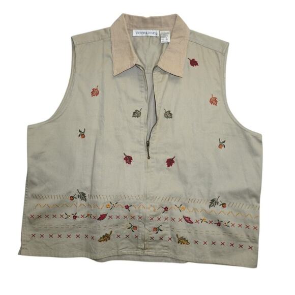 Vintage Victoria Jones Fall Leaf Embroidered Zip-Up Vest Women’s XL Corduroy - Picture 2 of 4